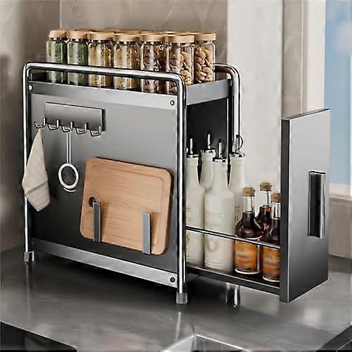 Spice Rack Organizer with Tiered PullOut Storage for Kitchen Countertop, Metal Shelf with Magnetic Hooks, Black 14.6x6.5x14.4 in