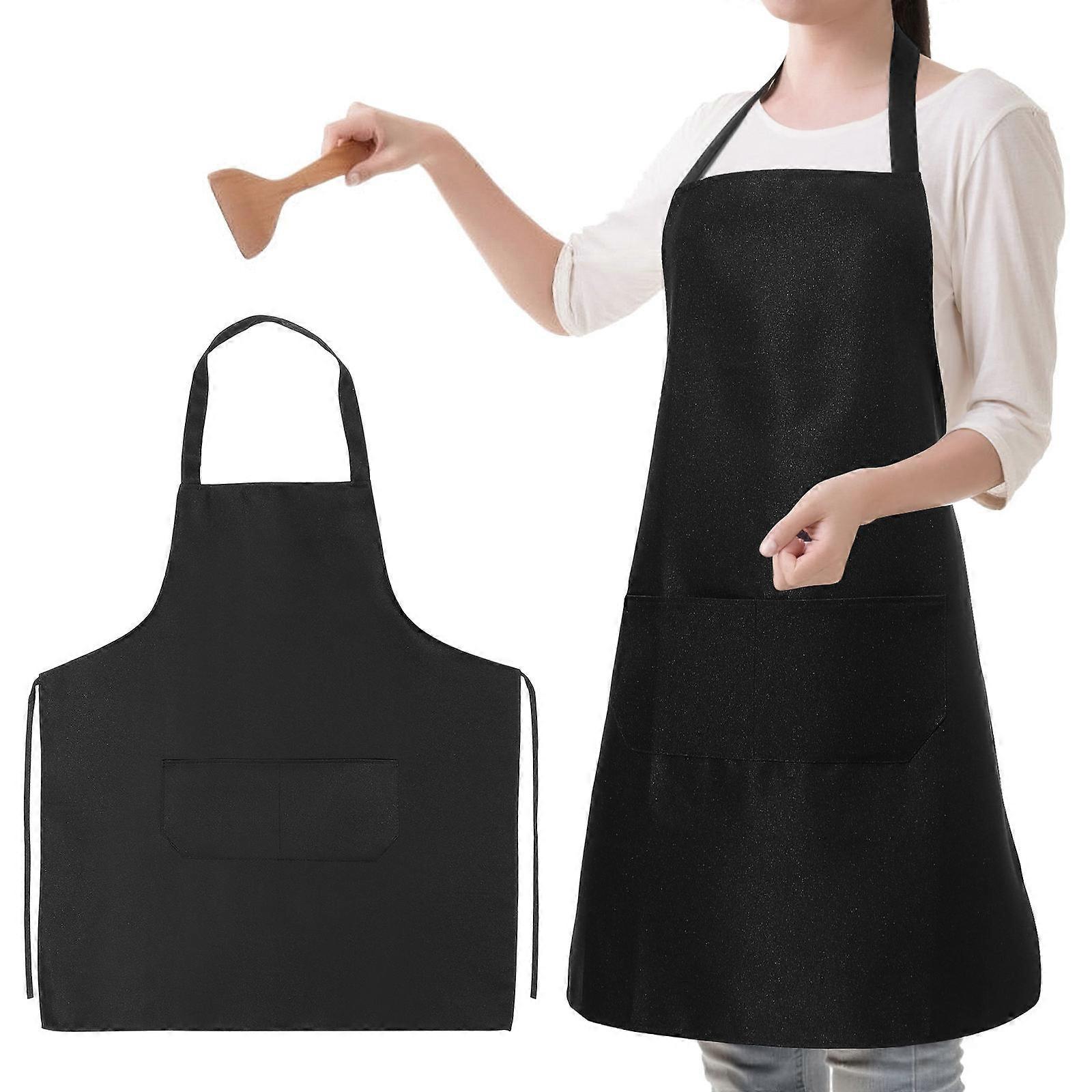 Black Plain Apron Bib with Dual Pockets Made of Polyester for Kitchen Use Washable and Waterproof