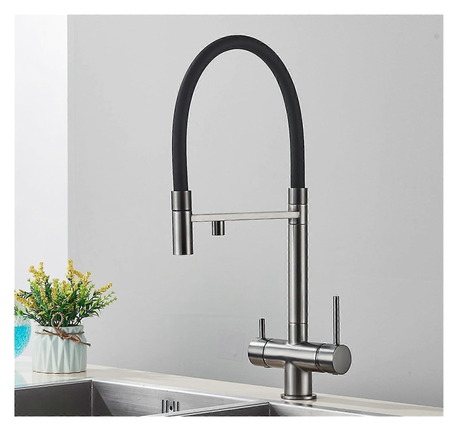 Black Pull Out Kitchen Faucet with Dual Handle Brass Filtered Spout for Hot and Cold Drinking Water