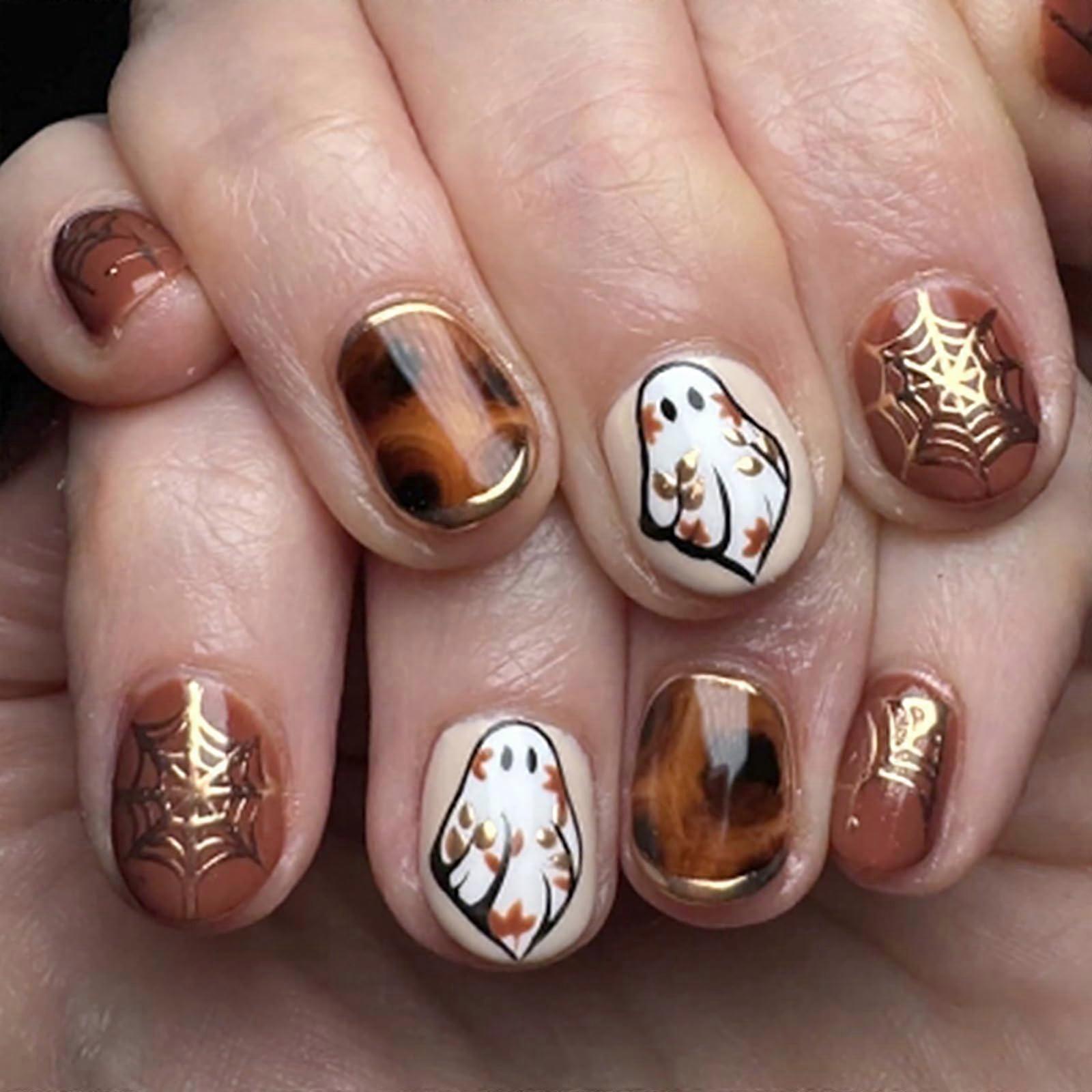 Halloween Short Square Press On Nails Brown Glossy Ghost Spiderweb Design Reusable False Nails Set 24pcs