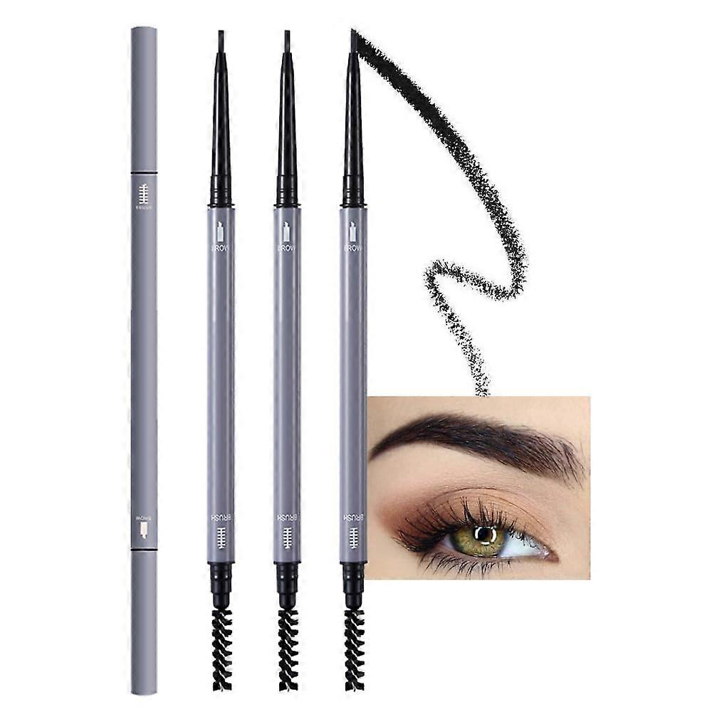 3Pcs Waterproof Micro Brow Pencil Black with Precision Tip and DoubleEnded Spoolie Brush