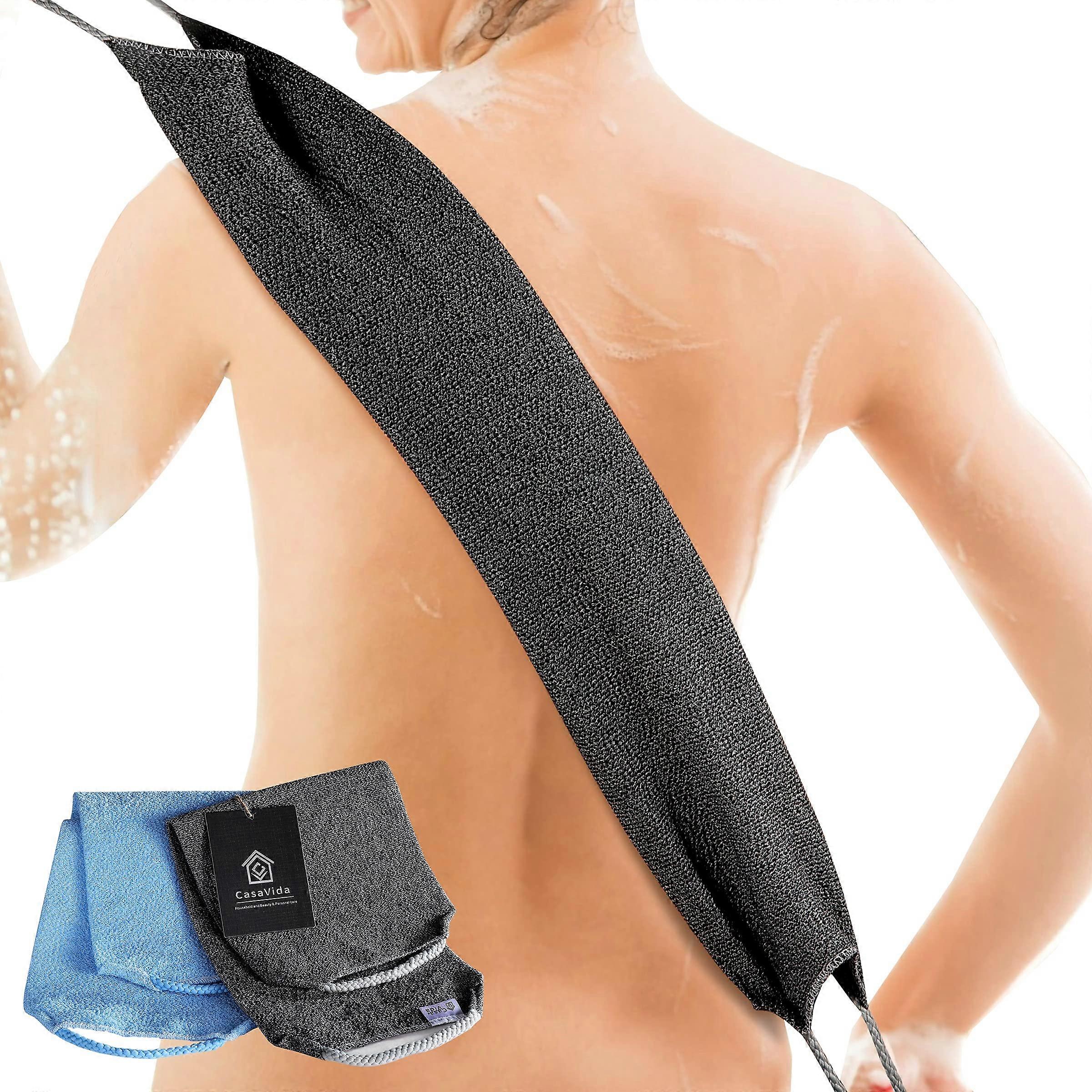 Back Scrubber for Shower Nylon DualSided Exfoliating Washcloth Strap Full Back Coverage 2 Pack Blue and Gray