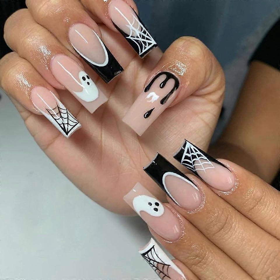 24PCS Long Coffin Halloween Press On Nails with Spider Web Ghost Design, Easy GlueOn Set