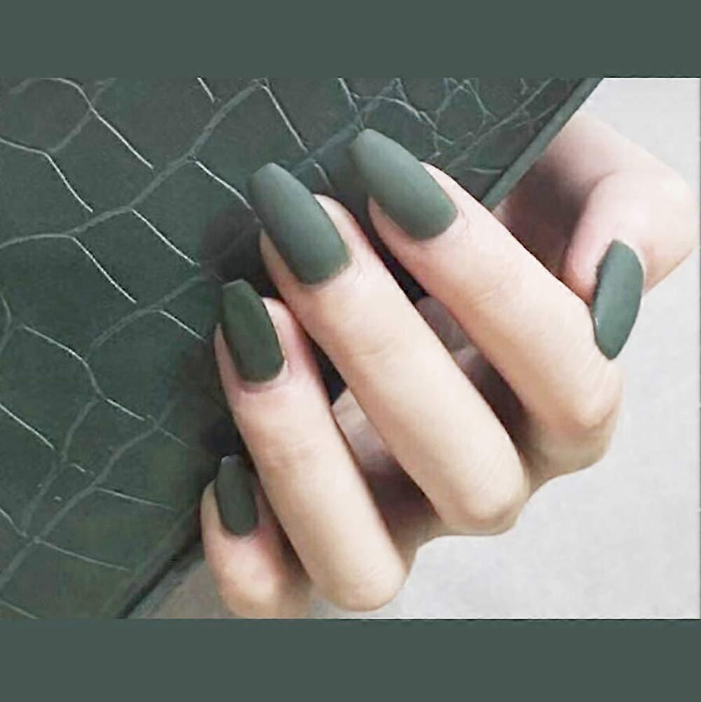 Matte Coffin Press On Nails Dark Green Medium Length with Glue Full Coverage Tips 24pcs