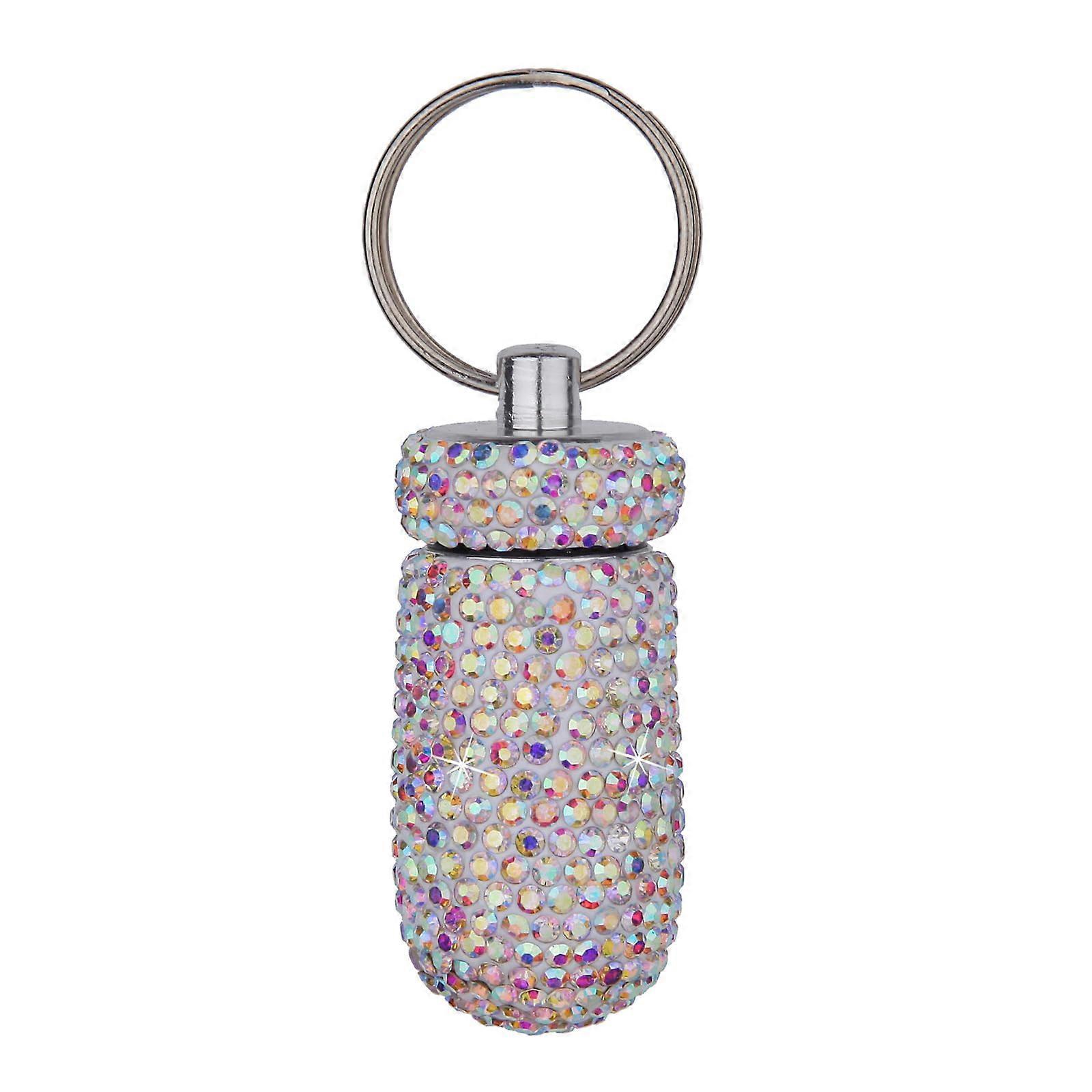 Pill Organizer Keychain with Airtight Seal, Glitter Rhinestone Finish, Small Travel Pill Case for Camping