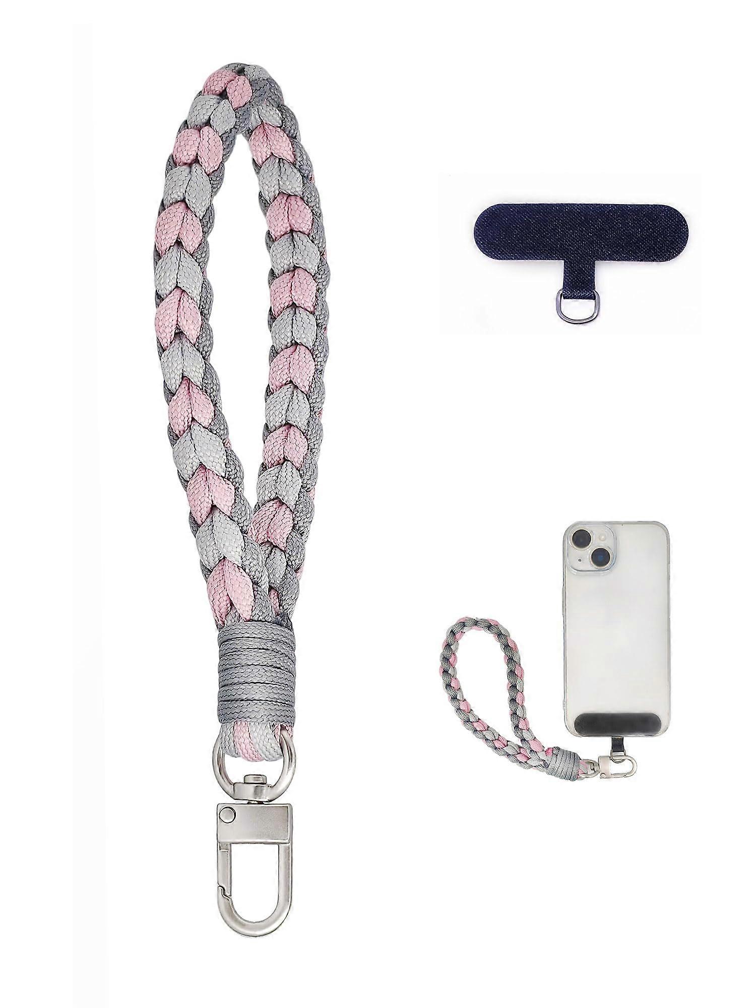 Macrame Phone Wrist Strap with Tether Tab, Handmade Pink Gray Phone Lanyard for Secure Carry