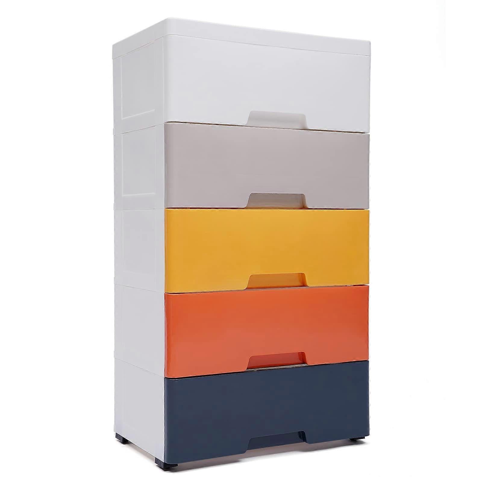 Colorful 5 Drawer Plastic Storage Cabinet with Wheels, Stackable SpaceSaving Tower Organizer for Bedroom and Closet