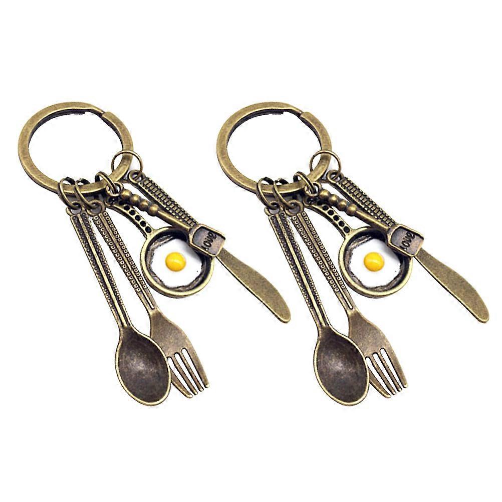 Fork Spoon Keychain Fried Egg Tableware Cutting Tool Key Rings 2Pcs