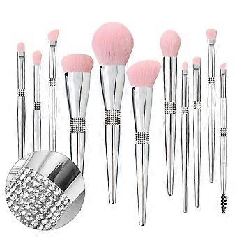 Professionell Sminkborste Set Lyx 11st Silver Glitter Crystal Make Up Brush Kit Vegan Mjuk Syntetisk Hår Foundation Ögonskugga Ögonbryn Läpp Cosmeti