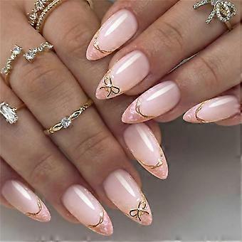 Uñas postizas fáciles de aplicar con forma de almendra, puntas francesas con borde dorado y adornos de lazos adhesivos para fiestas y eventos de graduación.