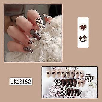 24pcs Long Brown Press On Nails Cute Checkerboard Design Fake Nails Full
