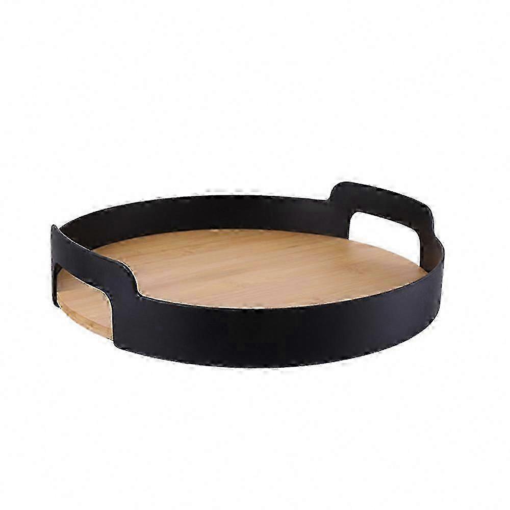 Coffee Table & Ottoman Serving Tray with Handles, Rustic Round Wood & Bamboo