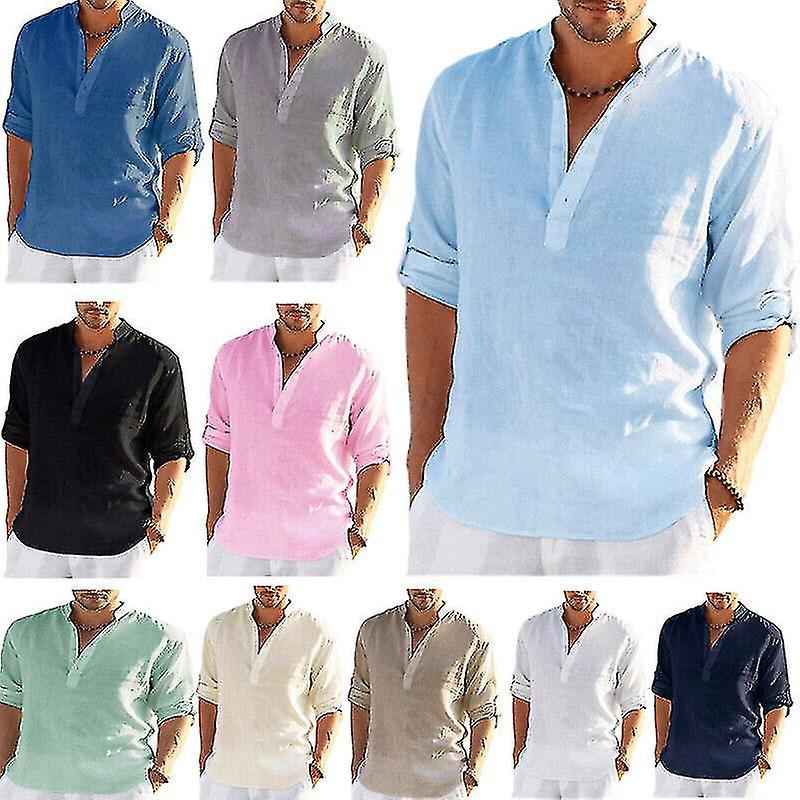 Camicie a maniche lunghe in lino da uomo Camicia casual sciolta in solido Camicetta Top Cotone Summer-r