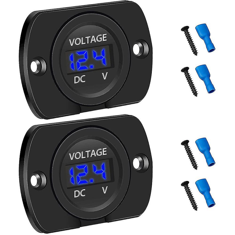 2 Pack DC 12V 24V Voltmeter LED Display Panel, Waterproof Digital Round Panel Voltage Tester Gauge Meter with Terminals
