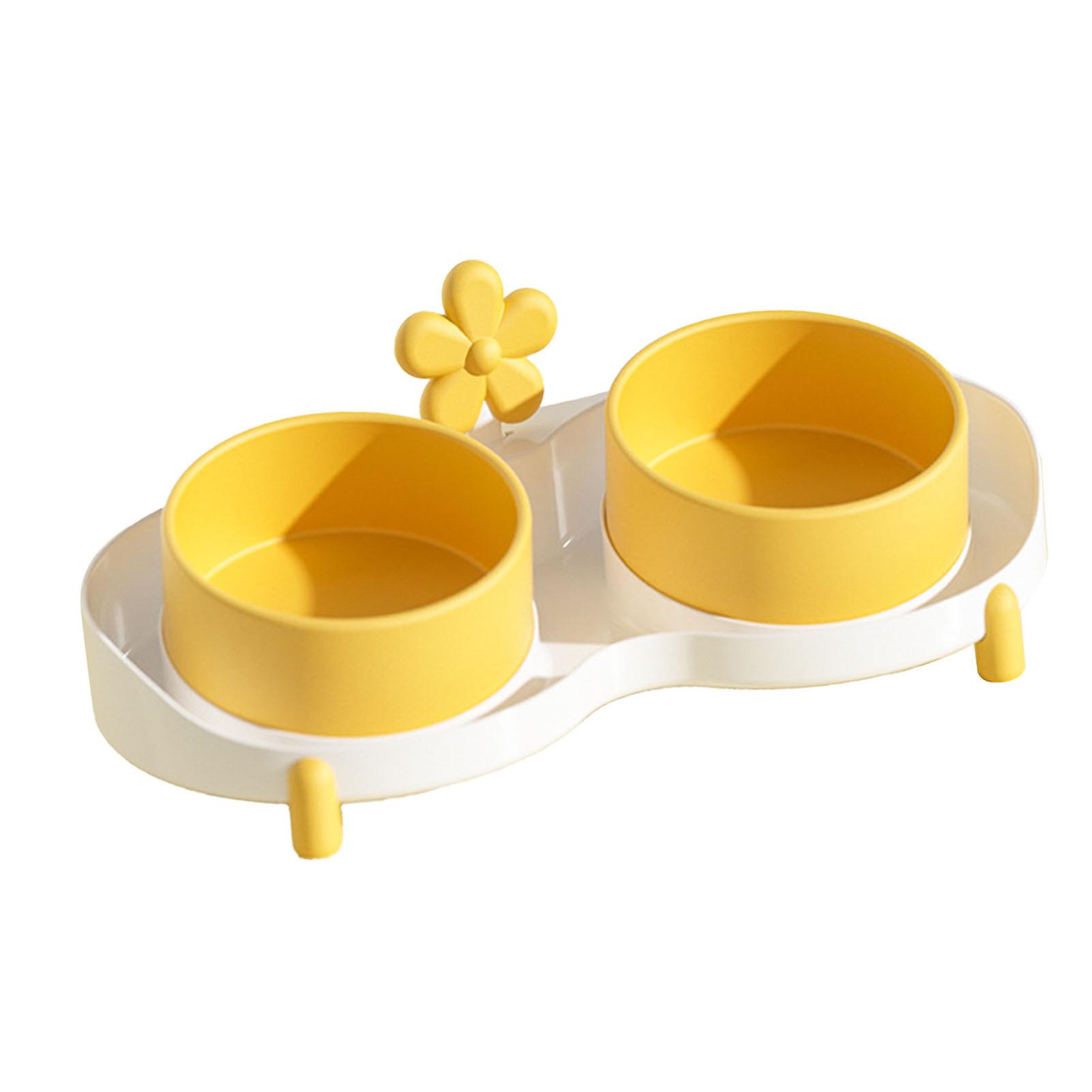 Elevated Double Ceramic Cat Bowls Yellow Slip Spill Proof Tilted Pet