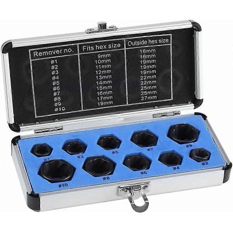 10pcs 9-19mm Nut Bolt Remover Kit, Locking Bolt Extractor, Screw Head Broken Stud Extractor Tool Set with Storage Case