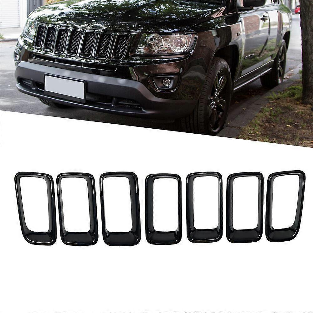 7Pcs For 2011-2016 Jeep Compass Gloss Black ABS Front Grill Vent Hole Frame Trim