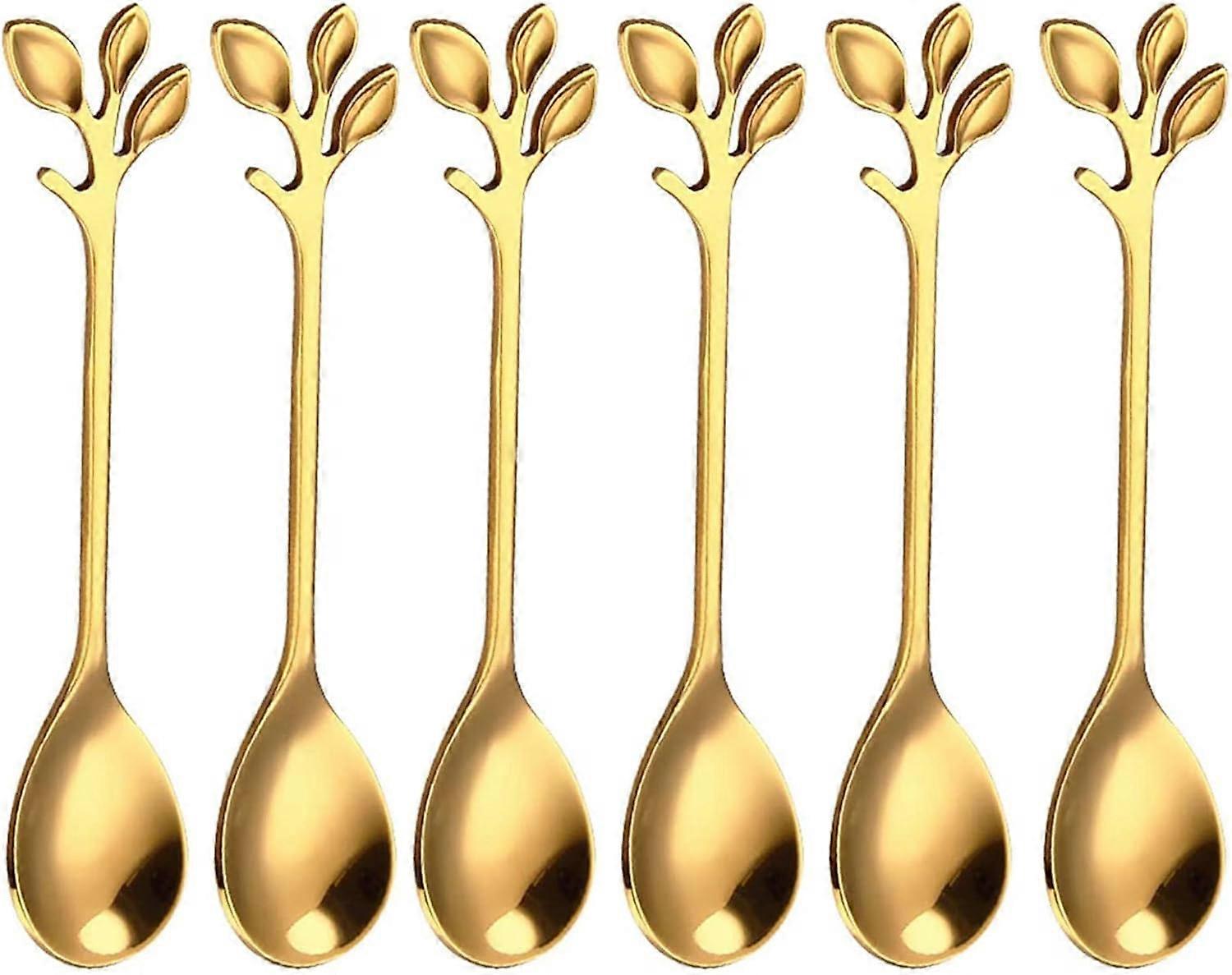 6 Pieces of Stainless Steel Leaf Coffee Spoon, Dessert Spoons For Cafe, Espresso Golden Branch Design Dessert Spoons