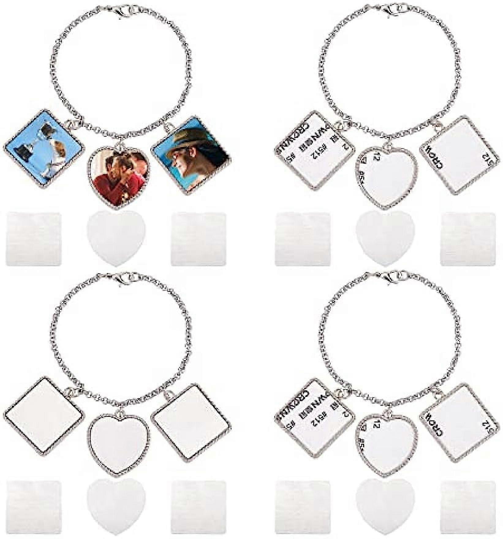 4 Sets Sublimation Bracelets Heat Transfer Bracelet Blanks Heart Photo Bezel Square Craft Bezel Setting Blank