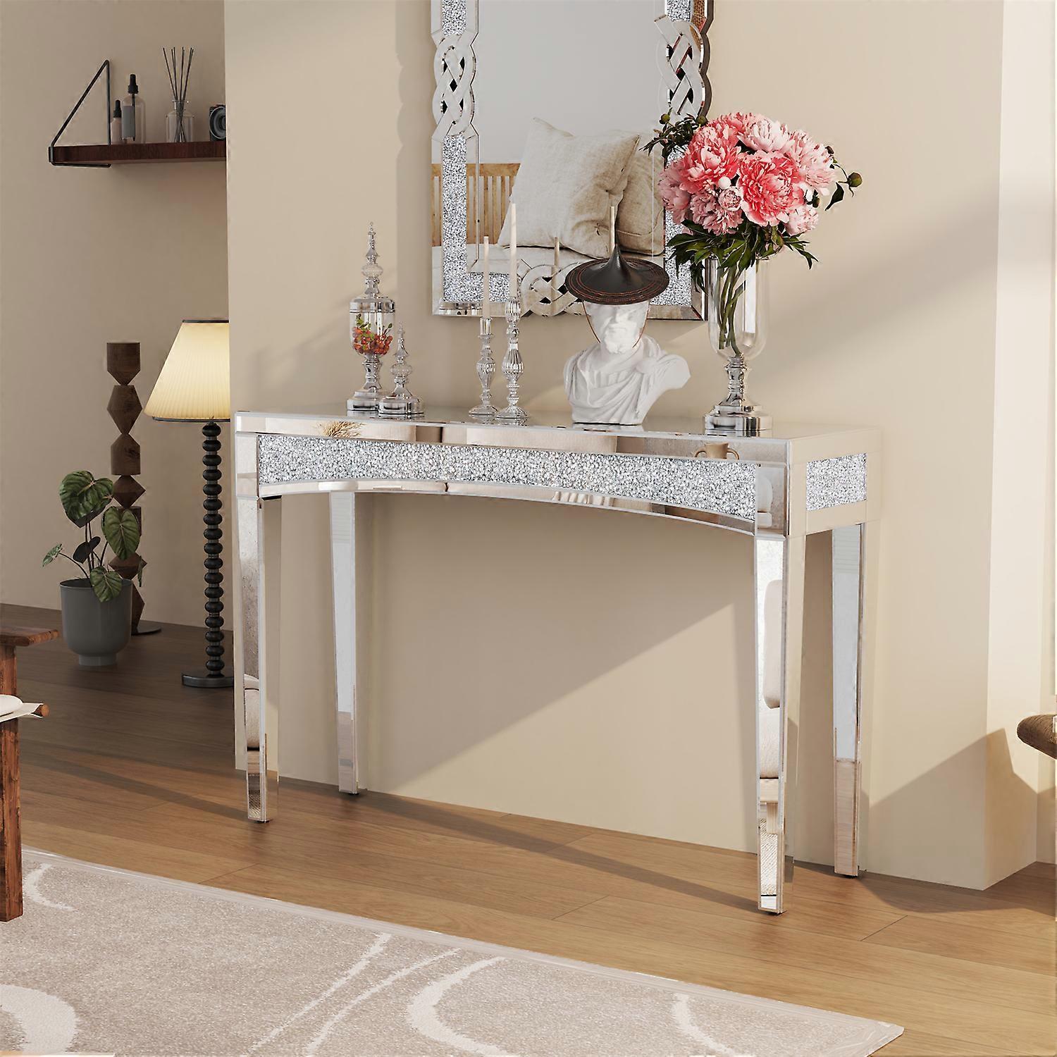 47.2" Long Console Table Crushed Diamond Silver Mirrored Vanity Table for Home, Offices Decor
