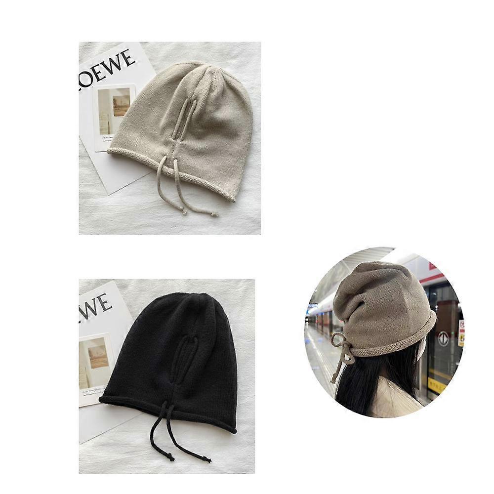 2PCS Women's head cap drawstring rolled brim lazy wind pile top bag head cap knitted cap solid color B,2024 Ping