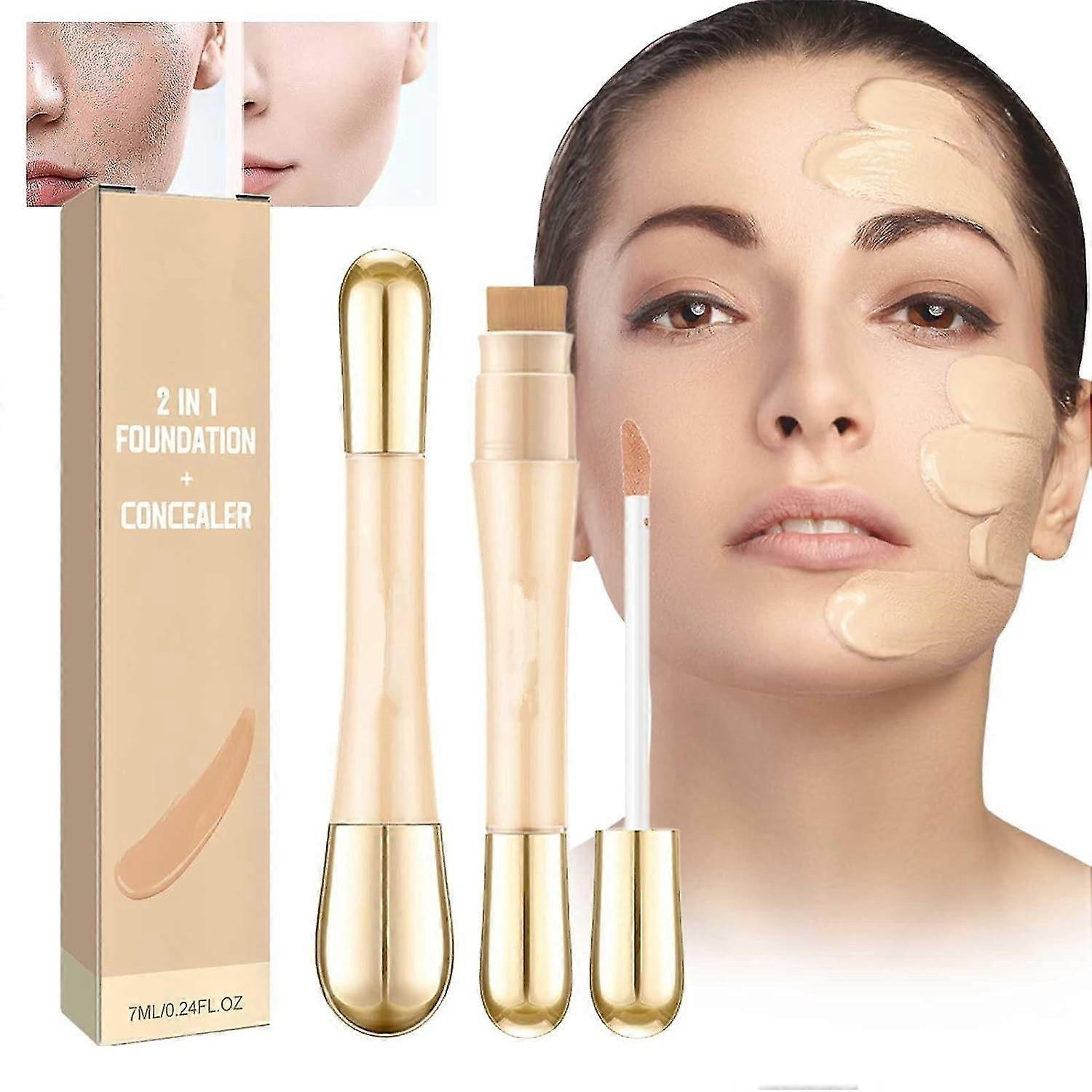 2 in 1 Foundation Anti-Wrinkle Concealer with Built-in Brush, Double Head Concealer Foundation, Lasting Waterproof Coverage Concealer
