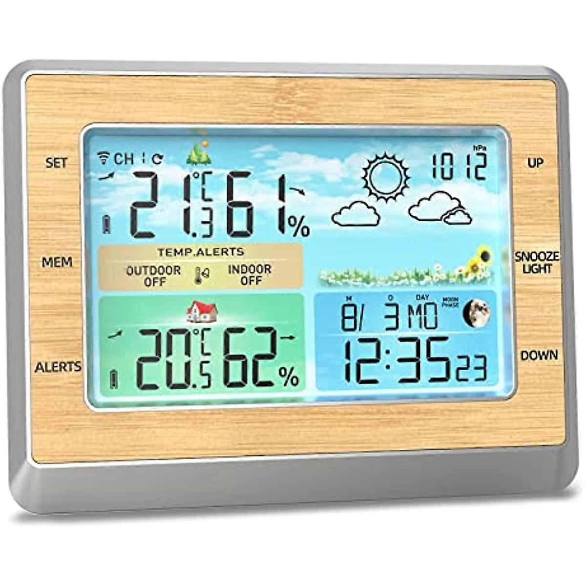 Weather Station Wireless Indoor Outdoor Thermometer 6 Inch LED Color Screen with 4 Levels Brightness adjustment Temperature Humidity Monitor with Baro