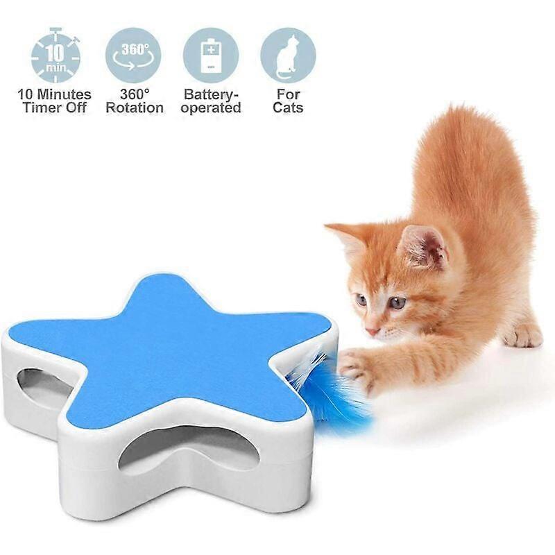 Interactive Cat Toy, Pentagram Box Electronic Cat Toy with Rotating Feather Teaser, (Blue)