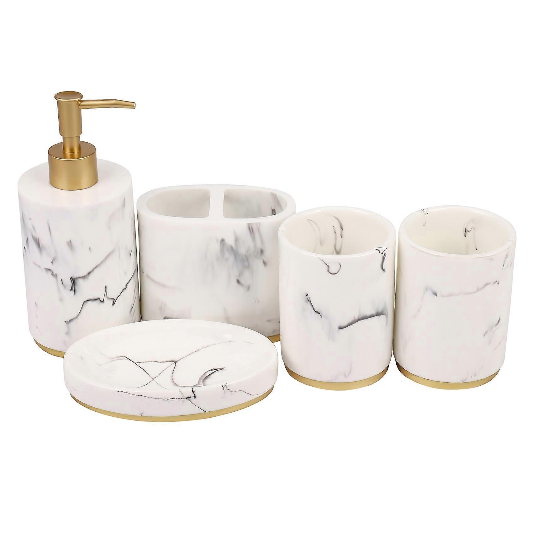 Bathroom Accessories Set, 5 Pieces Bath Ensemble, Bath Set Pattern Soap Dispenser Pump, Toothbrush
