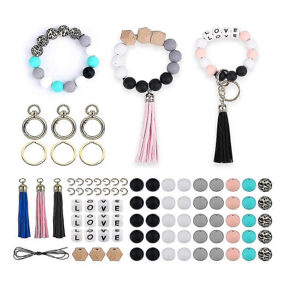 84pcs Silicone Beads Making Kit, Key Chain Accessories Bead Polygonal Wooden Beads For Key Chain Ma