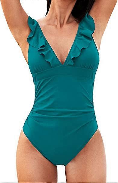 BlueWomen's V-Neck Monokini One-piece Swimsuit Lace Up Ruffles