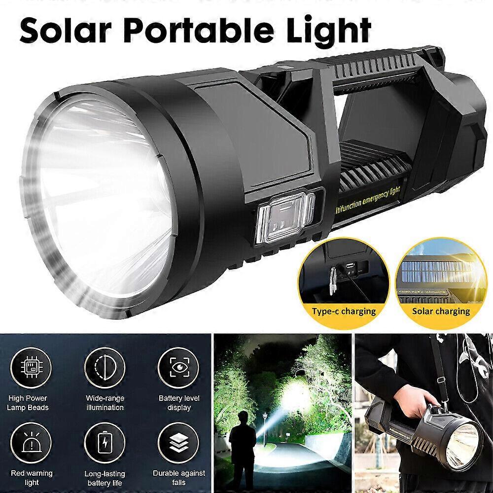 Portable Solar LED Searchlight Light Rechargeable Outdoor Handheld Flashlight