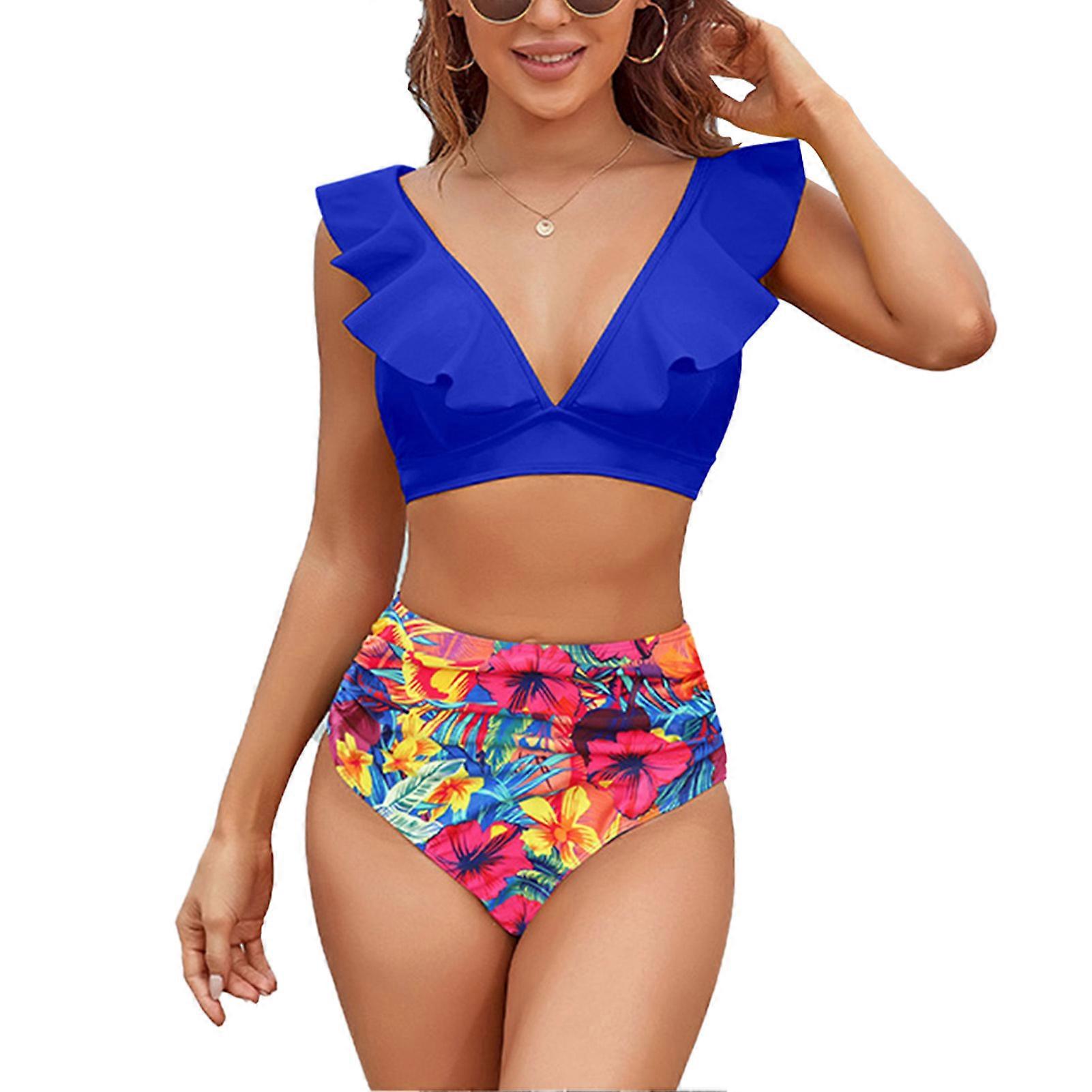 Kvinnor Tvådelad Bikini Med Bröstkudde Justerbara Axelremmar V-hals Ruffle Trim Badkläder Bikini Set för kvinnor