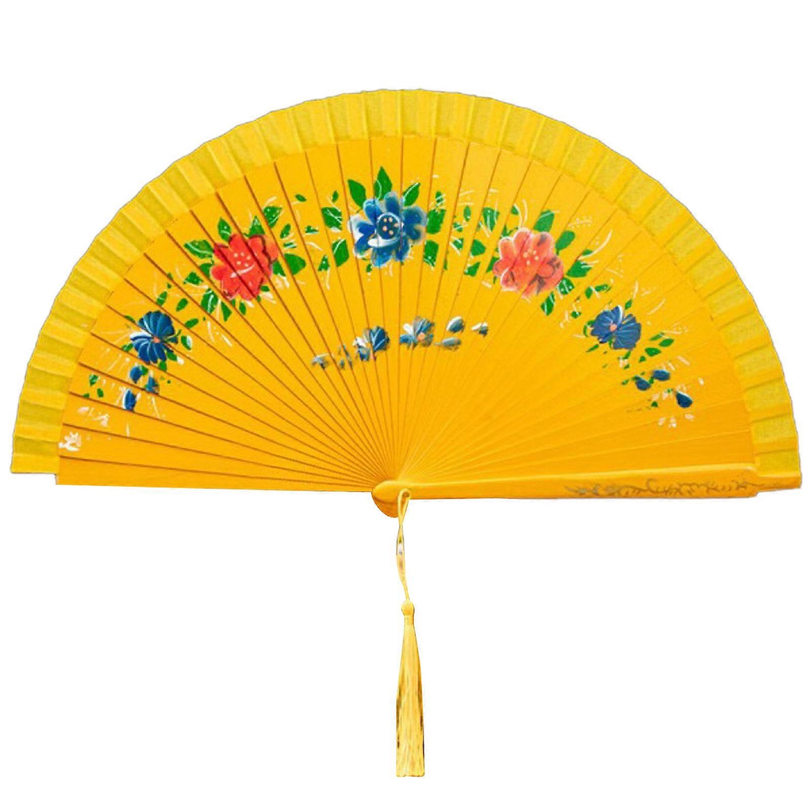 Éventail de main espagnol décoratif, éventail de danse en soie de peinture colorée à deux faces pour les amateurs de danse et la mode jaune