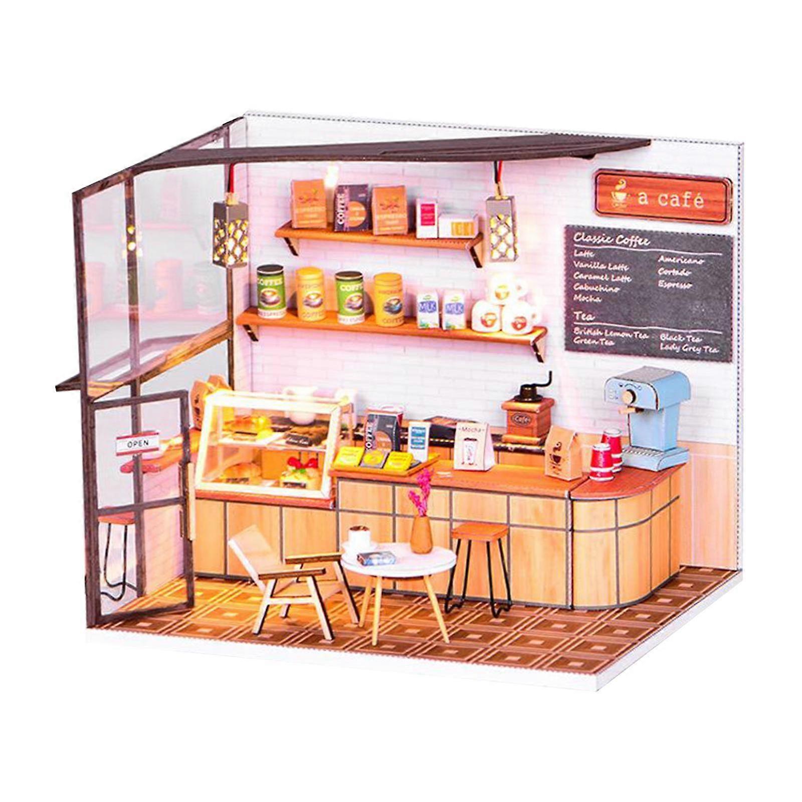 DIY Miniature DollHouse Kit with LED Cafe Model Assembly Kits for Girl