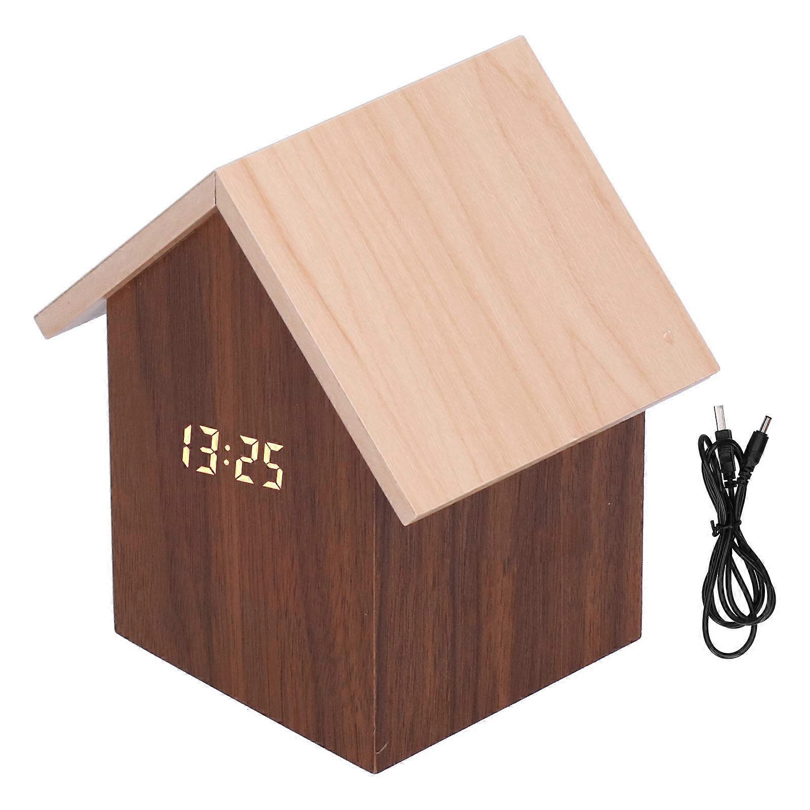 Wooden Clock House-Shaped Electronic Clock with Time and Temperature Function for Bedroom and Desktop Decor