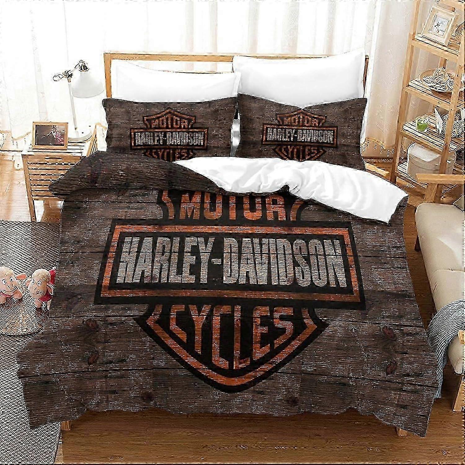 J1808 Lakens 3D-geprinte Harley Davidson dekbedhoes set 3 stuks dekbedovertrek zachte microvezel beddengoed set met 2 kussenslopen lakens BBA1808