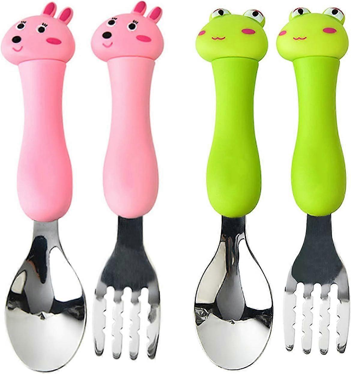 Set di posate con forchetta e cucchiaio per bambini, set di posate in acciaio inossidabile per bambini con scatola portaoggetti, manici in plastica colorata per bambini 3+