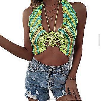 Women Sexy Halter V-Neck Camisole Harajuku Aesthetic Colorful Buttrefly Crop Top Hollow Crochet Knit Beach Bikini Bra  Green M