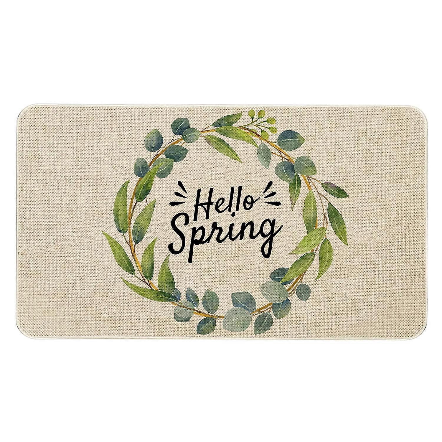 Hello Spring Eucalyptus Wreath Door Mat for Indoor Outdoor Use 30 X 17 Inch