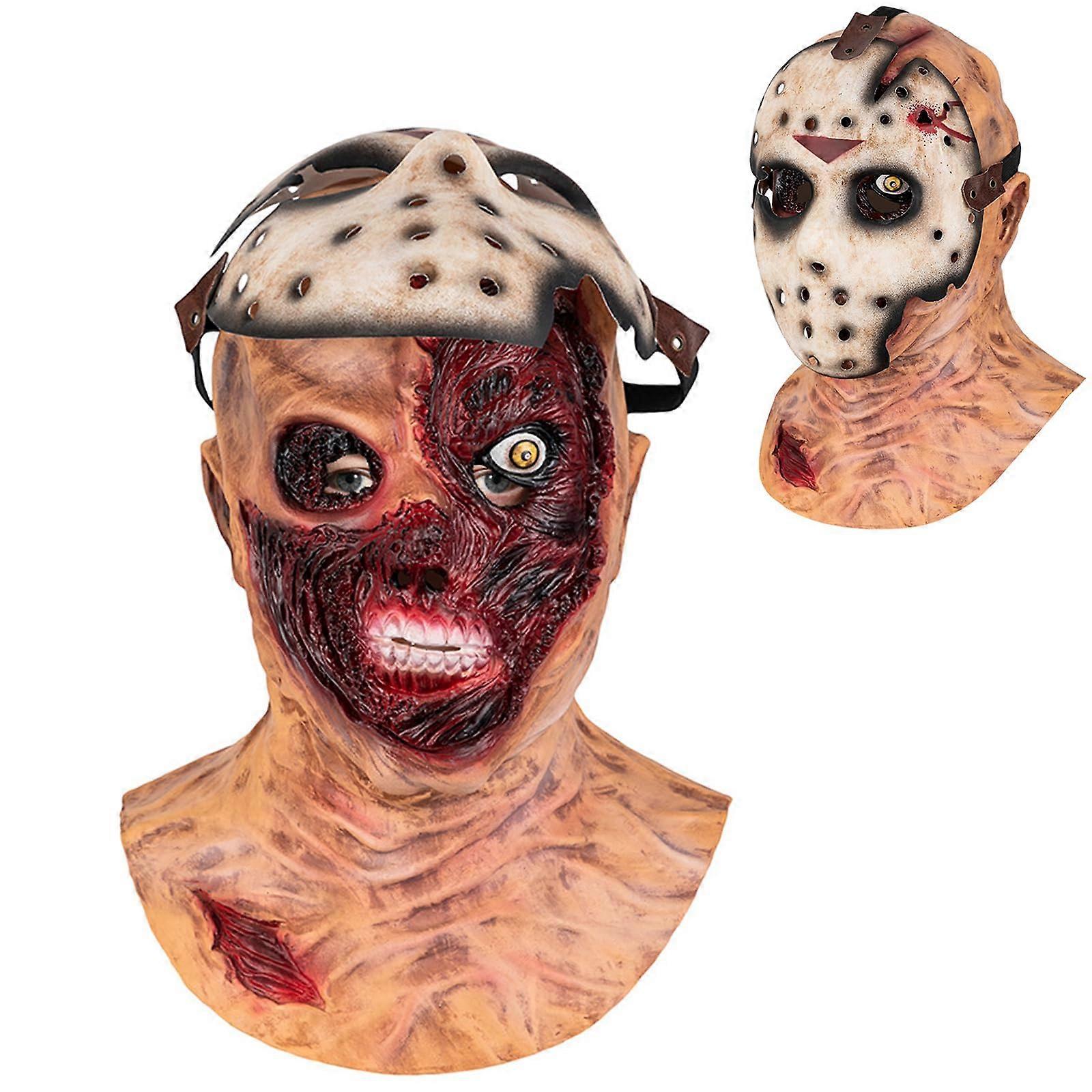 Halloween Jason Mask - Double-Layered Latex Horror Zombie Face Mask for Adults Cosplay - Realistic Hockey Film Accessory