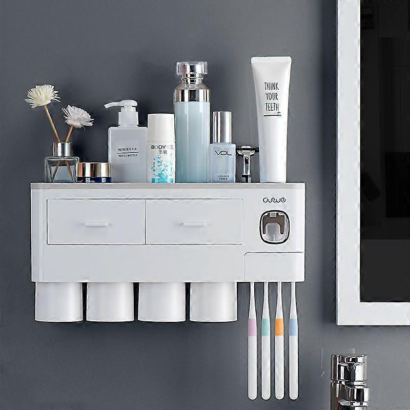 Automatic toothpaste dispenser kit with gray wall-mounted toothbrush holder / 4 bites 4 cups