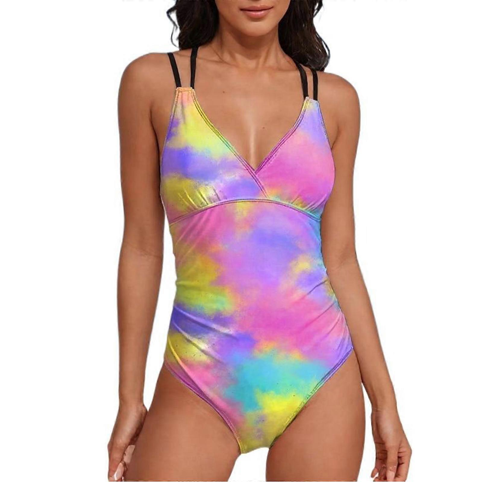 Maillots de bain femme avec bandoulière réglable Maillot de bain Monokini coloré imprimé Tie Dye Maillot de bain à col en V XL