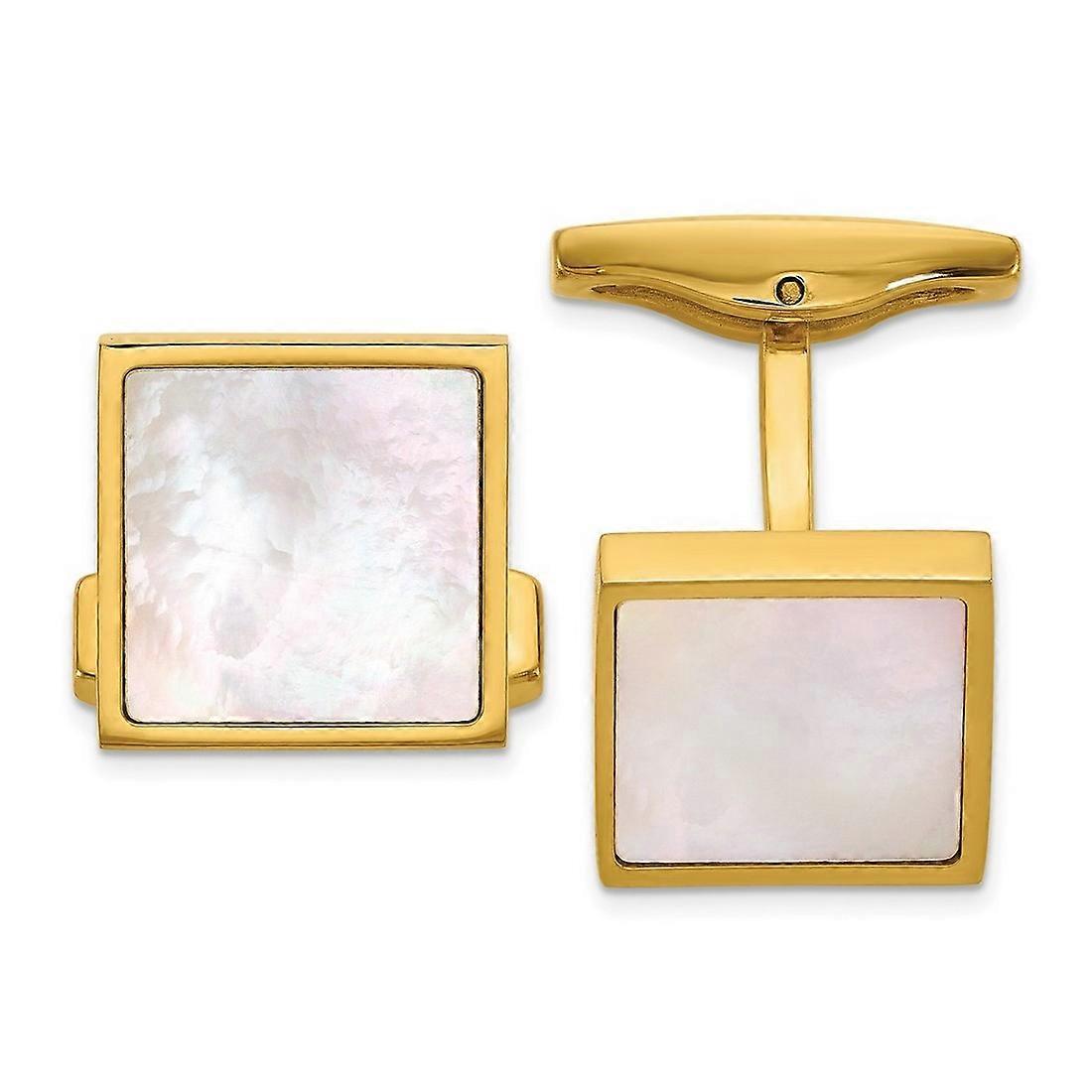 14mm Stainless Steel Polished Yellow Ip Plated Simulated Mother of Pearl Inlay Cuff Links-Cuff Link for Men