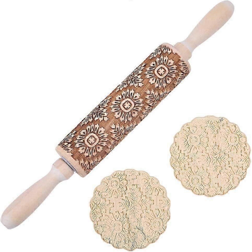 Embossed Wooden Rolling Pin Flower Print 35cm Rolling Pin for Baking Biscuits 3D Pattern DIY Kitchen Tool Baking Accessories Homemade Bakery Pastry Co