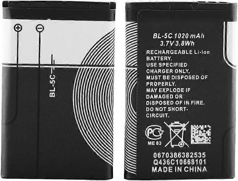 BL-5C Rechargeable Battery 3.7V 1020mAh for Home Use with Overcurrent Protection - 2 Pack (Black)