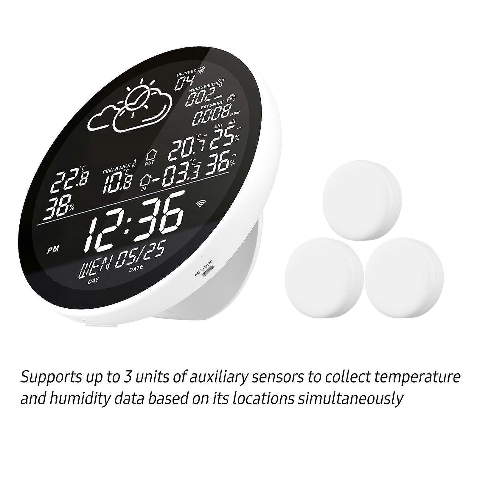 Tuya Wifi Smart Station Indoor and Outdoor Temperature & Meter Multifunctional Large Color Screen Weather Clock Temp. & Humidity Gauge with 3 Sensors