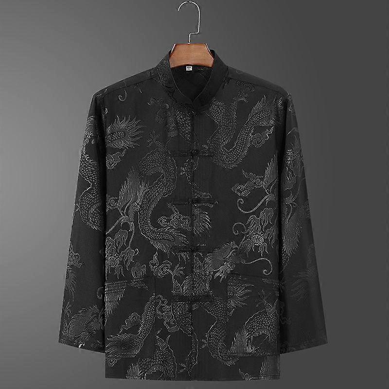 Spring Middle Aged Elderly Tang Set Men's Long Sleeved Satin Dragon Kung Fu Chinese Plus Size Shirt Training Clothing