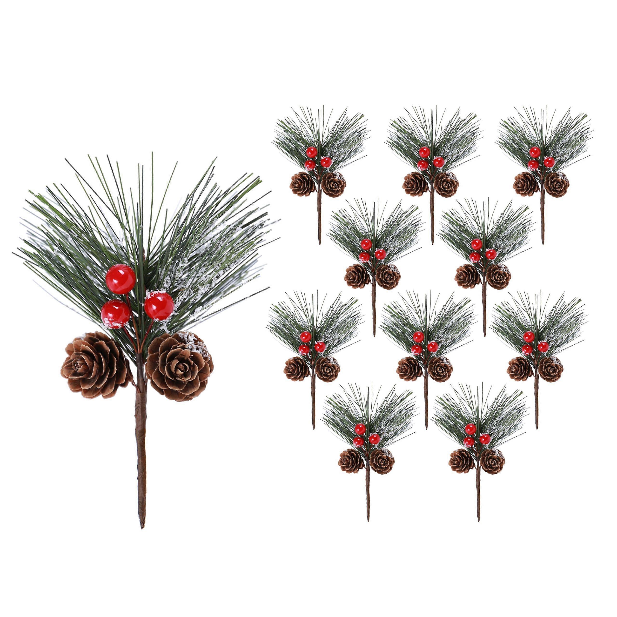 Artificial Snow Needles Branches with Red Berries and Pine Cones, Bendable Stems for Christmas Tree and Wreath Decoration, DIY Crafts, 10 Pieces