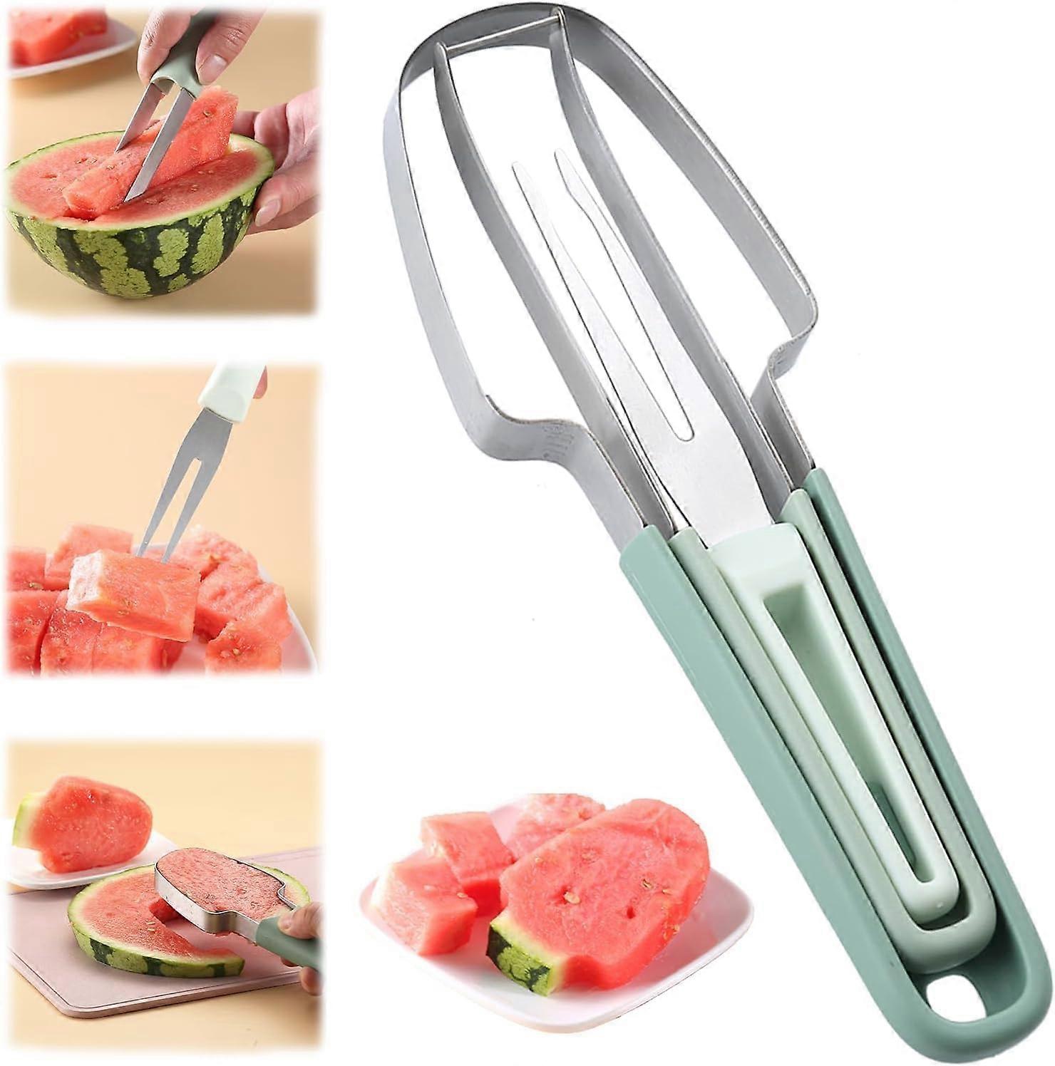 3-in-1 Watermelon Slicer - Stainless Steel Watermelon Cutter Knife with Fork and Ice Lolly Tool, Green Color, 2025 Model